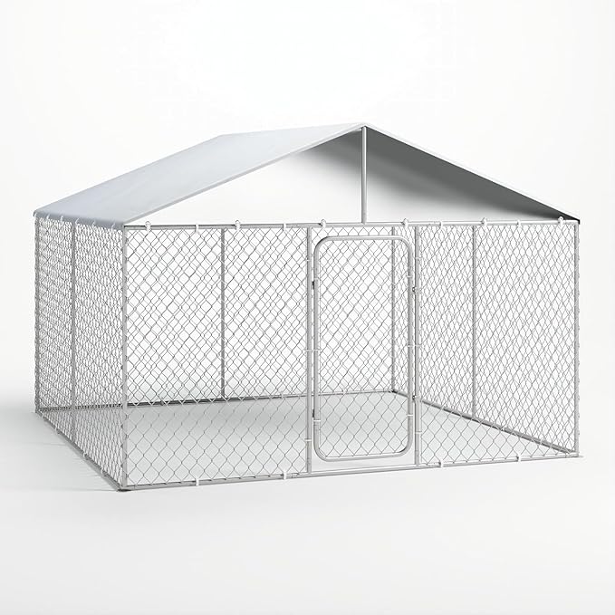 Outdoor Dog Kennel with Cover, Large Dog Run Fence House Big Cage Pen Enclosure, Heavy Duty Dogs Play Cage Pen Kennel (118" L x 118" W x 83" H)