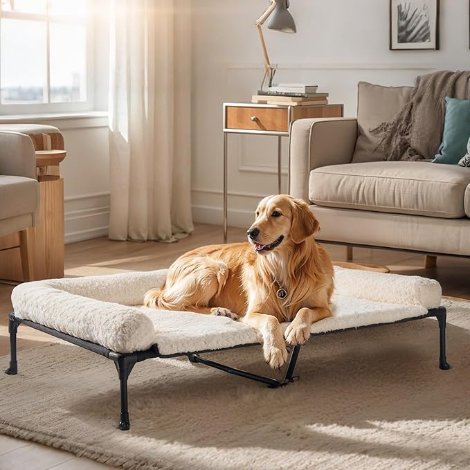 Veehoo Cooling Elevated Dog Bed Add Removable Deluxe Rose Plush Bolster Cushion Mat, 47" x 29" Washable Dog Couch Bed, Raised Pet Cot with Breathable Teslin Mesh, No-Slip Feet, White, CWC2439B