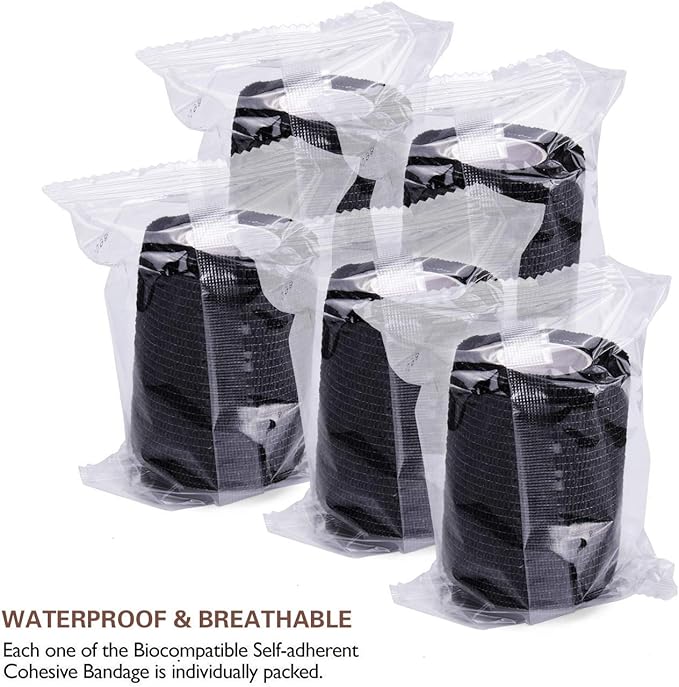 TOBWOLF 12PCS First Aid Self Adherent Bandage, 3" x5yd / 7.5cmx4.5m Cohesive Bandage Tape Wrap, Elastic Athletic Non Woven Fabric Sport Wrap for Sports, Medical - Black