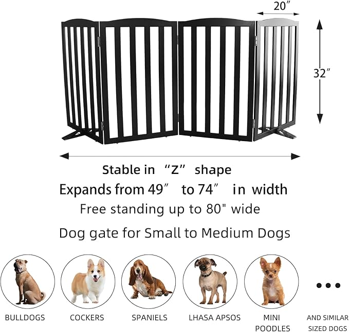 ZJSF Foldable Freestanding Indoor Dog Gate for House Wood Long Pet Gates Dog Fence for Stairs Puppy Gates for Hallways, Puppy Gate,Support Feet Included, Black, 32 "Height-4 Panels