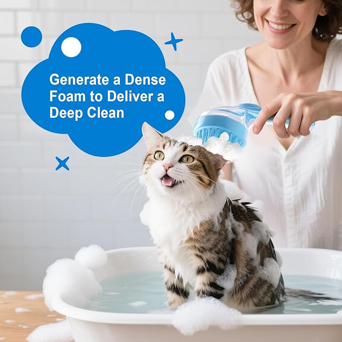 Dog Bath Brush, Silicone Pet Bath Brush with Soap Dispenser,Deep Cleansing & Gentle Massage for Dogs & Cats, Suitable for Long & Short Hair, Easy Grip, Bathing & Grooming(Blue)