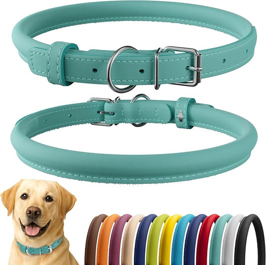 CollarDirect Rolled Leather Dog Collar, Soft Padded Round Puppy Collar, Handmade Genuine Leather Collar Dog Small Large Cat Collars 13 Colors (15-19 Inch, Mint Green Smooth)