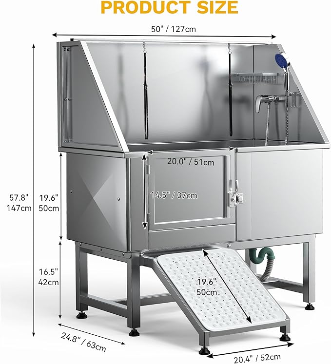 DWVO Professional Pet Dog Bathing Station for Grooming, 50'' Dog Grooming Bathtub with Left Ramp, Floor Grate, Faucet, Showerhead & Soap Holder for Large, Medium & Small Pets