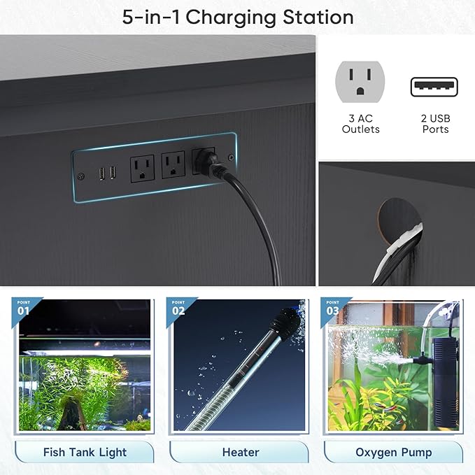 Verano 55-75 Gallon Aquarium Stand with Storage Cabinet, Fish Tank Stand with Power Outlets & LED Light, Wooden Turtle Tank 52 inch x 19.7-inch Desktop, Heavy Duty Steel Frame,1100LBS Capacity (Black)