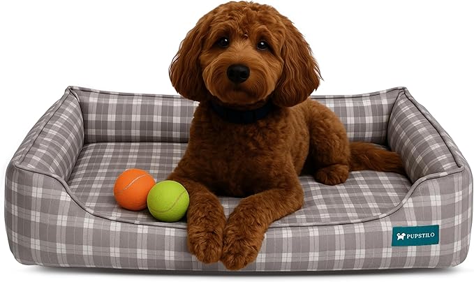 Orthopedic Bolster Dog Bed – CertiPUR-US Foam, Recycled Polyester Canvas, Washable Cover, Anti-Slip Bottom, Medium, Grey Plaid – Stylish Designer Dog Sofa