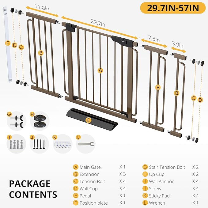 Cumbor 29.7-57" Extra Wide Baby Gate for Stairs, Mom's Choice Awards Winner-Dog Gate for Doorways, Pressure Mounted Walk Through Safety Child Gate for Kids Toddler, Tall Pet Puppy Fence Gate, Brown