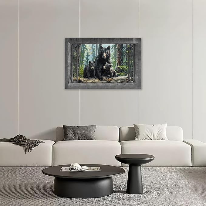 Black Bear Wall Art Forest Window Canvas Cabin Living Room Pictures Prints Animal Wall Decor Painting Artwork for Bedroom Dining Office Home 24"x16"