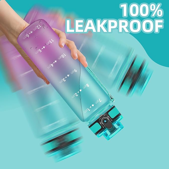 OLDLEY 32 oz Water Bottle, Motivational Water Bottle with Time Marker, Sports Water Bottle With Strap, Leakproof & BPA Free Large Water Bottles for School, Gym, Travel,Tritan,Green&Purple