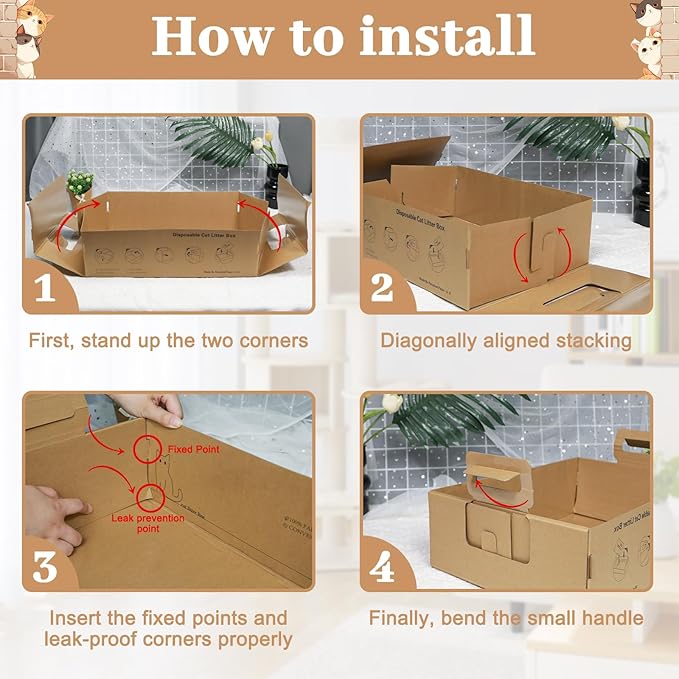 3-Pack Disposable Litter Boxes for Cats,Disposable 100% Renewable Cardboard Foldable Litter Boxes,Large-Capacity Portable Cardboard Cat Litter Box,Waterproof Travel Litter Box,17.2'' x 12.2'' x 5.3''