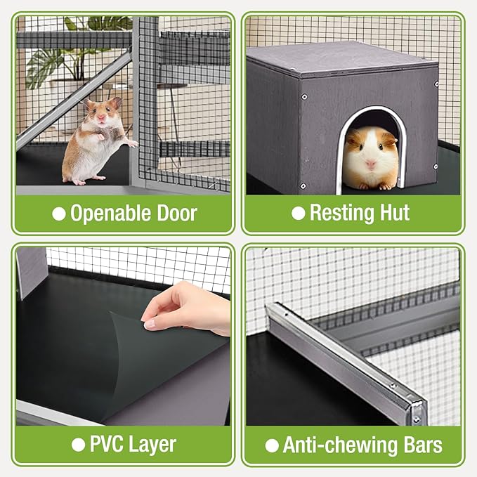 Large Ferret Cage, Chinchilla Cage with 5 Levels, Wooden Guinea Pig Cages with Wheels, Small Animal Cages with Ramp, Hideout, Pull Out Tray, for Rat, Hamster, Hedgehog