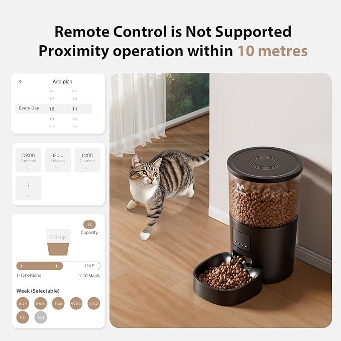 Automatic Cat Feeder - 3L Pet Dry Food Dispenser with Timed Programmable Portion Control, Dual Power Backup, Easy Set Up, 10 Meals Per Day for Cats and Puppies, Black（Remote Not Supported）