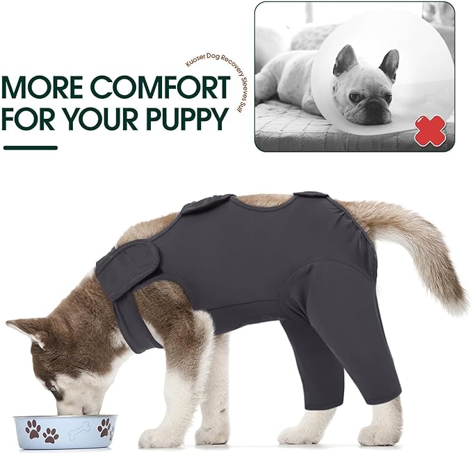 Kuoser Dog Surgery Recovery Suit, Thigh Wound Protective Sleeve for Dogs, Dog Recovery Sleeve for Female Male Dogs, Pet Surgical Suit for Spay Neuter, Dog Onesie After Surgery, Gray L