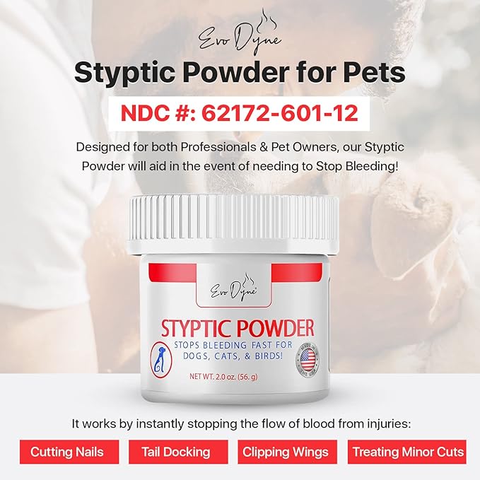 Styptic Powder for Dogs, Cats, and Birds (2 oz) by Evo Dyne | Fast-Acting Blood Stop for Pets | Quick Stop Bleeding Powder for Dog Nail Clipping, Grooming, Cuts and More (1-Pack)