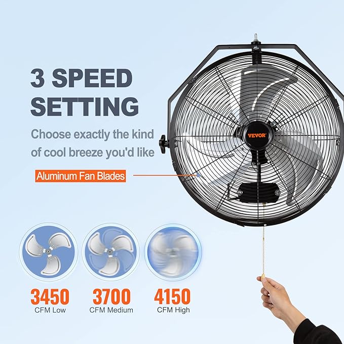 VEVOR 18 Inch Wall Mount Fan, 3-speed IP44 Waterproof, Max. 4150 CFM Wall Mounted Fan for Outdoor, Commercial, Residential, Greenhouse, Workshop, Patio, Black, ETL Listed