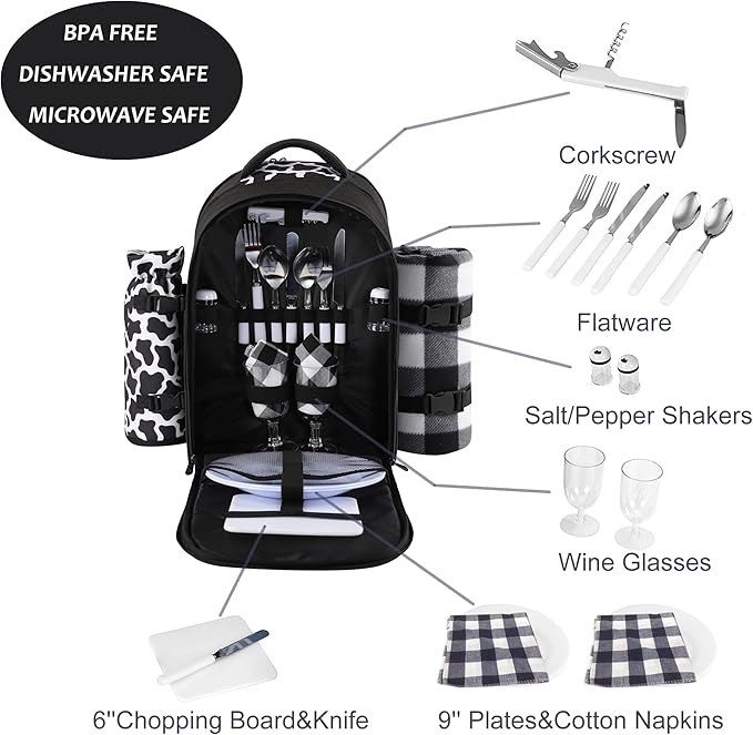 apollo walker Picnic Backpack Bag for 2 Person with Cooler Compartment, Detachable Bottle/Wine Holder, Fleece Blanket, Plates and Cutlery Set (2 Person, Black)