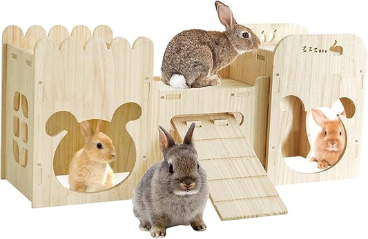 Natural Wooden Rabbit Castle House,Extra Large Hideout for Rabbit Guinea Pig Chinchilla Ferret,Sturdy Bunny House with Stair