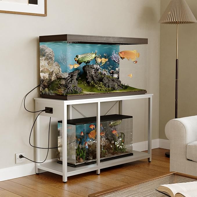 50-75 Gallon Fish Tank Stand with Power Outlet & LED Light, Metal Aquarium Stand with 3 Tier Adjustable Storage Shelves, Tank Stand for Reptile Tank, Turtle Tank, 52" L*19.5" W, White