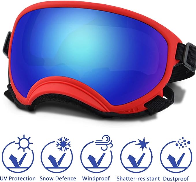 Large Dog Sunglasses with Adjustable Strap UV Protection, Winproof Puppy Sunglasses, Suitable for Medium-Large Pet Glasses, Dogs Eyes Soft Goggles, RedBlue