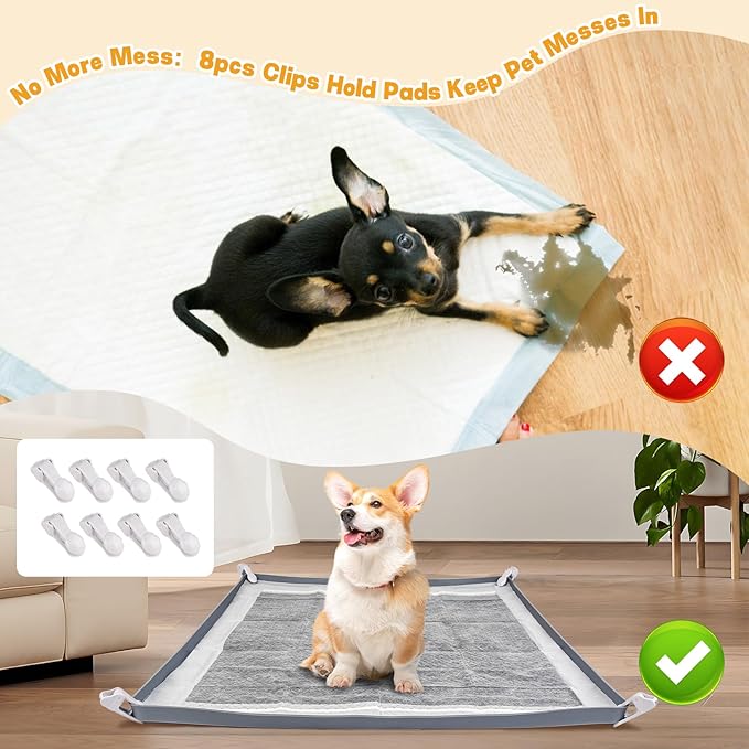 Dog Pee Pad Holder, Puppy Pad Holder Tray for 24'' x 24'' Training Pads, 15pcs Dog Potty Tray Set Include High Edge Silicone Mat & 6 Activated Charcoal Disposable Puppy Pads & 8 Holder Clamps