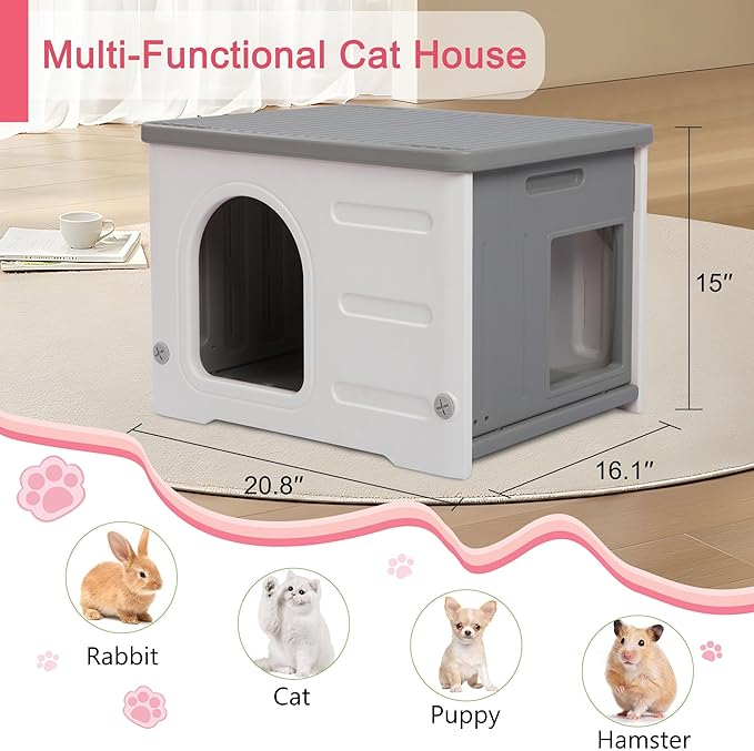 Rockever Plastic Cat House Outdoor with Escape Door, Waterproof Feral Cat House Outdoor Indoor, Sturdy Cat House for Outdoor Cats, Assemble Easily-Grey
