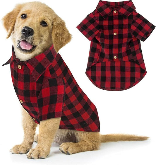 Plaid Buffalo Dog Outfit - Soft Casual Dog & Cat Clothes for Small to Large Puppies - Red, Halloween & Christmas Costume (L)