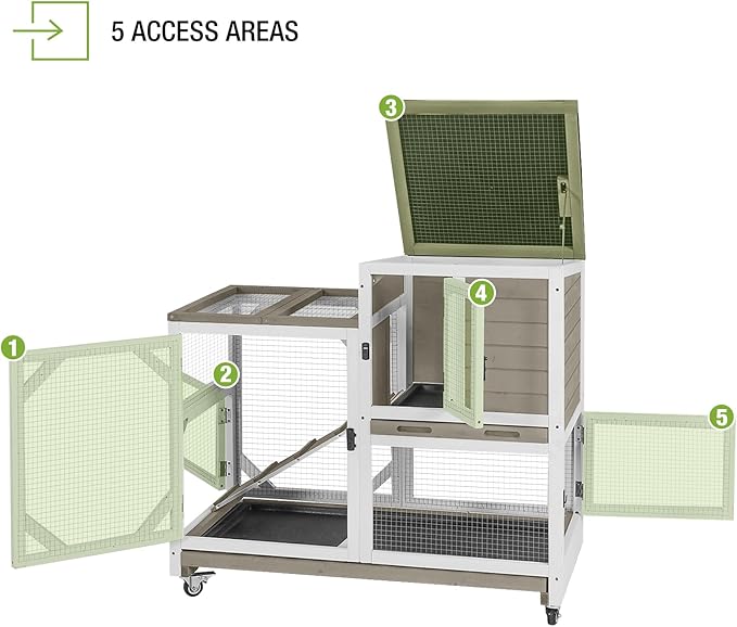 GUTINNEEN Rabbit Hutch Indoor Mobile Bunny Cage with Run Wooden 2 Story Guinea Pig Cage Outdoor for Small Animals with Wheels,Two Deeper No Leak Trays(Grey)