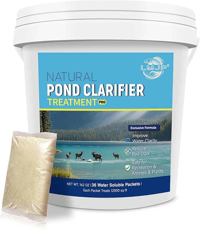 Pond Clarifier Treatment – 36 Packets Natural Pond Water Clear for Outdoor Lakes – Beneficial Enzymes to Improve Water Clarity & Eliminate Odor – Treats Up to 432,000 Sq Ft