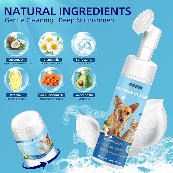 Dog Paw Care Kit,No-Rinse Paw Cleaner for Dogs & Cats,Dog Paw Balm for Heals -Repairs Dry Cracked Paws & Nose with 1 Pet Cleaning Towels,Natural Dog Paw Protector for Pet Foot Washer Care