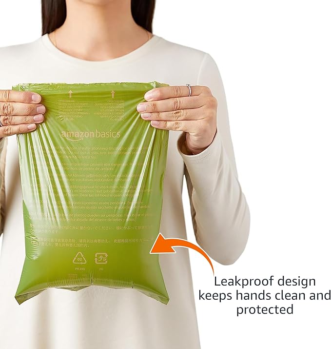 Amazon Basics Dog Poop Bags with Dispenser, 810 Count, Enhanced for Guaranteed Leakproof, Talcum Powder Scented, Includes Leash Clip