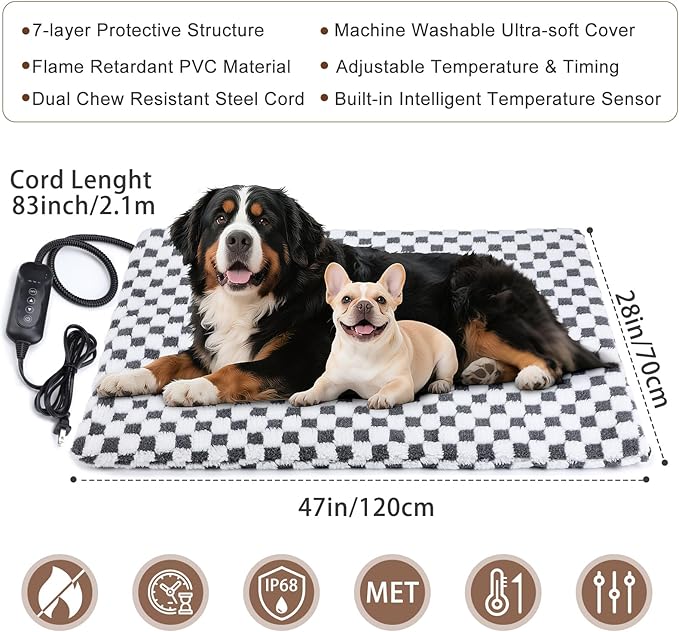 MIXJOY Heated Dog Bed, Waterproof Electric Dog Cat Heating Pad with Timer, Temperature Adjustable Heated Cat Bed for Winter, Auto Power-Off, Anti-bite Heating Pad for Dogs Cats-47''x28'', XLarge