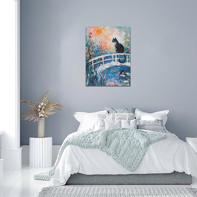 Quorin Black Cat Wall Art Water Lily Sunset Pictures Cat Wall Decor Impressionism Canvas Print Painting Artwork for Bathroom Living Room Bedroom 12"x16"