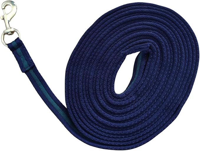 Soft Padded Lunge Line Rein Lead for Horses 27ft Looped Handle Swivel Clip (Navy/Green)