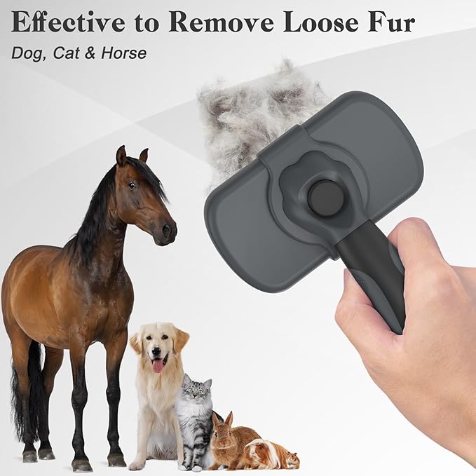 Self-Cleaning Deshedding Brush for Dogs & Cats - Skin-Friendly Grooming Tool with Hair Brush for Long and Short Haired Pets, Grey