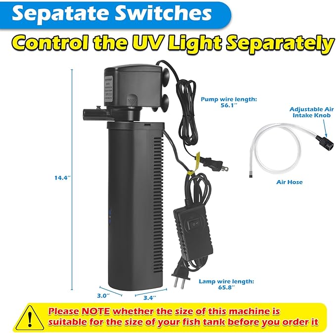 Aquarium U-V Filter 300GPH for Large 80-200 Gal Fish Tank Pond, Powerful Internal Submersible Pump Green Water Clean Killing Machine Air Supply Deodorization Keep Saltwater Freshwater Crystal Clear