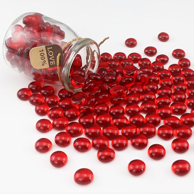 2.16LB Glass Beads Vase Filler Aquarium Gravel Decor Flat Glass Marbles Gems Pebbles Fish Tank Rocks Home Decorative Art Craft - Red
