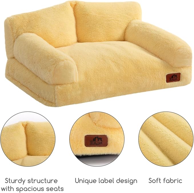 Hollypet Fluffy Plush Dog Cat Pet Couch Soft Calming Sofa Bed for Medium Small Cats and Dogs, Yellow