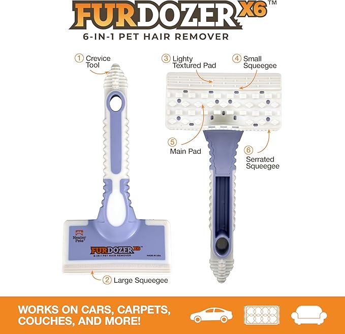 FurDozer X6 Pet Hair Remover & Auto Detailing Tool - Cat & Dog Hair Remover for Carpets, Car Interiors, Couches, Bedding, & Furniture - Reusable Pet Hair Removal Tool for Cat & Dog Fur & Lint, Purple