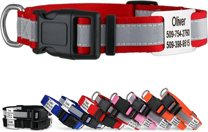 GoTags Reflective Personalized Dog Collar with Nameplate, Adjustable Dog Collar with Custom Engraved Steel Slide On Pet ID Tag, Silent, No Noise Dog Tag for Large Medium or Small (Red, Large)