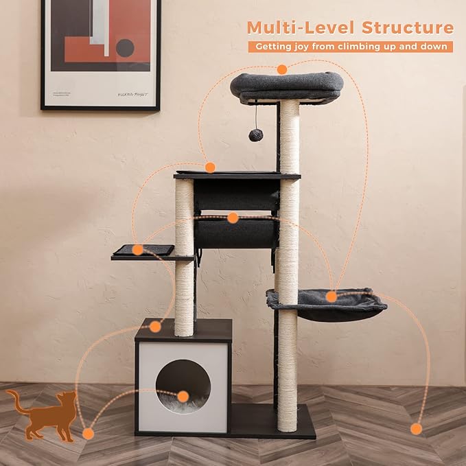 PEQULTI 51.4 Inches Modern Cat Tree Premium 6 Levels Wooden Cat Tower with Fully Sisal Covered Scratching Posts, Cozy Condo, Spacious Perch, Super Large Hammock and Swing Tunnel for Indoor Cats Gray