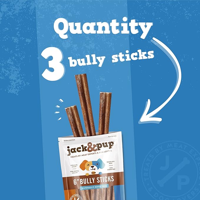 Jack&Pup 6-inch Pizzle Sticks for Dogs (3 Pack) All Natural Jumbo Bully Sticks | Single Ingredient, Long Lasting Bully Sticks for Medium Dogs