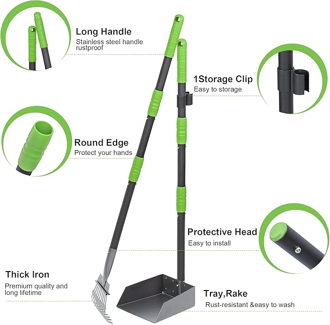 Niubya Pooper Scooper for Dogs, Metal Poop Scooper Tray and Rake Set with Adjustable Long Handle, Dog Pooper Scooper for Pet Waste Removal