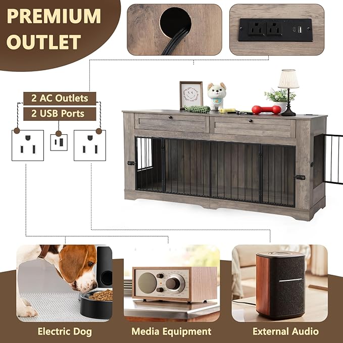 Large Dog Crate Furniture-Decorative Heavy Duty Dog Cage Indoor, Wooden Dog Cage End Table with Charging Station, Dog House with 2 Drawers (Gray, 70.86''L)