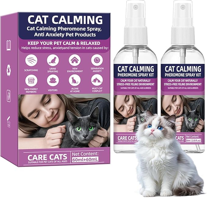 Cat Calming Pheromone Spray Kit Feline Calm Pheromones Vet Recommended Drug-Free Anxiety Relief for Multi-Cat Homes,Stops Scratching & Urine Marking,60-Day Supply | Drug-Free (2 * 60 mL)