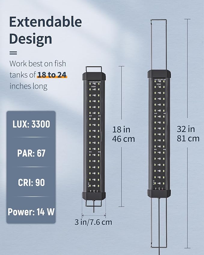 Pawfly 14W Aquarium LED Light for 18 to 24 Inch Fish Tanks Extendable Fish Tank Light with Full Spectrum Brilliant White Blue Red Lights with Daytime & Night Modes and Adjustable Brightness