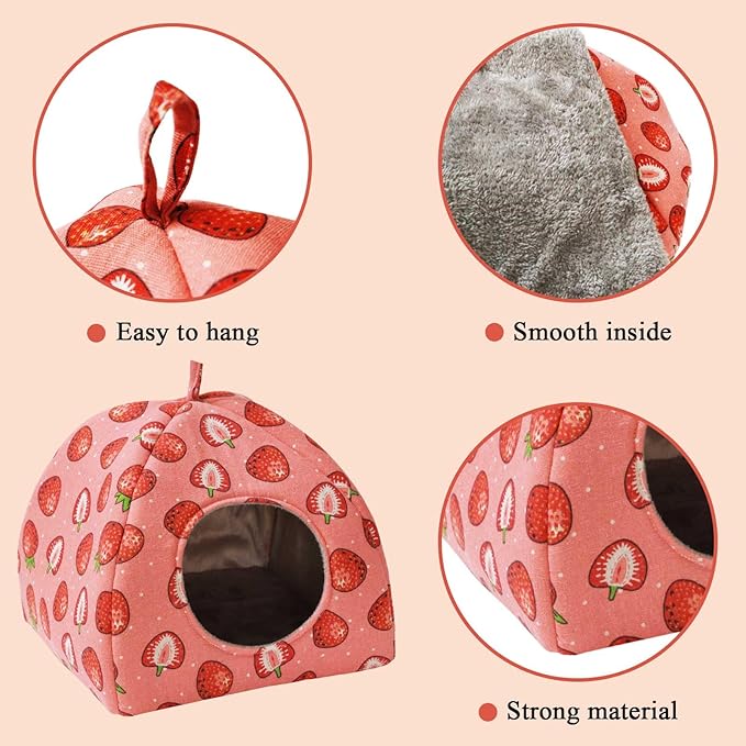 JSPYFITS Guinea Pig Hideout Bed Rabbit House Cave Accessories Cozy Hide-Out Guinea Pig Bed Washable Cage for Small Pet Hamster Ferret Rabbit Bunny Pink Strawberry
