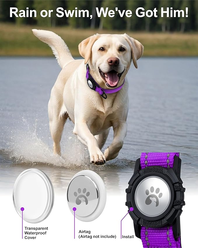 TagME Airtag Dog Collar,Waterproof Reflective Pet Collar with Airtag Holder,Soft Padded and Double D-Rings for Large Dogs,Purple
