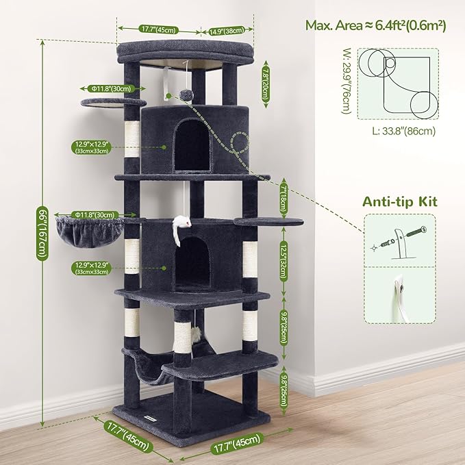 Globlazer Corner Cat Tree for Large Cats, 66inch Tall Curved Series Large Cat Tower for Multiple Indoor Cats with 6 Scratching Posts, 2 Spacious Cat Condos, Hammock, Hanging Basket, C66, Dark Grey