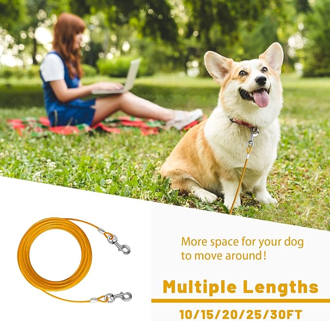 Dog Tie Out Cable 10/15/20/25/30 FT Runner for Yard Steel Wire Cable with Durable Superior Clips Yellow Chains for Outside Dog Lead for Large Up to 165 Lbs