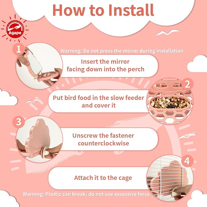 Agape Bird Mirror for Cage， Bird Toys with Perch and Slow Feeder to Expend Energy, Small Parrot Swing, Interactive Toys for Cockatiel, Lovebird, Parakeet, Conure, Finch, and Budgies