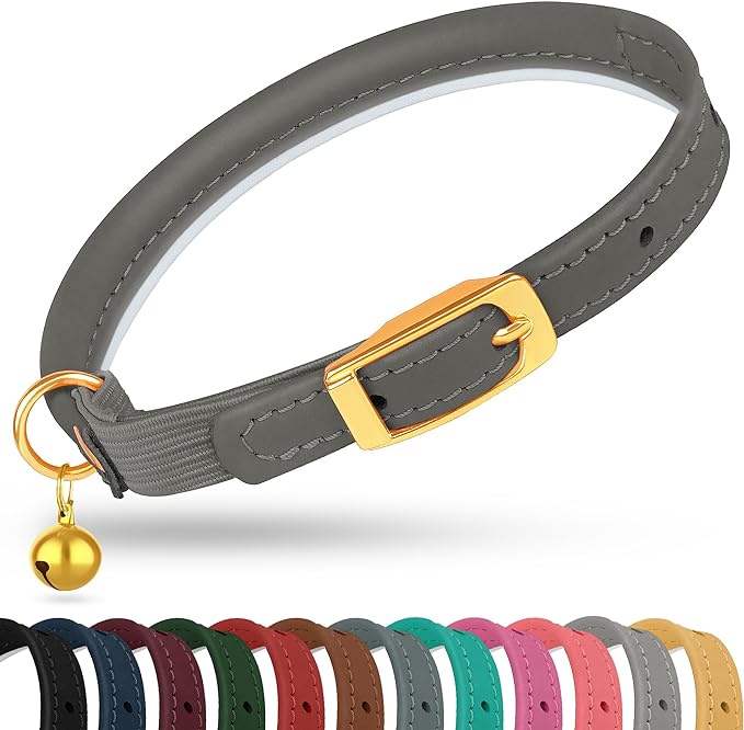 OOPSDOGGY Rolled Leather Cat Collar with Bell - Reflective Kitten Collar with Safety Elastic Strap - Adjustable Small Pet Collars for Boy Girl Cats (Graphite)